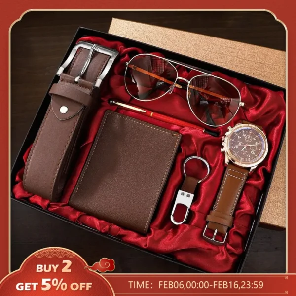 Men Gift Watch Business Luxury Company Mens Set 6 em 1 Watch Glasses Pen Keychain Belt